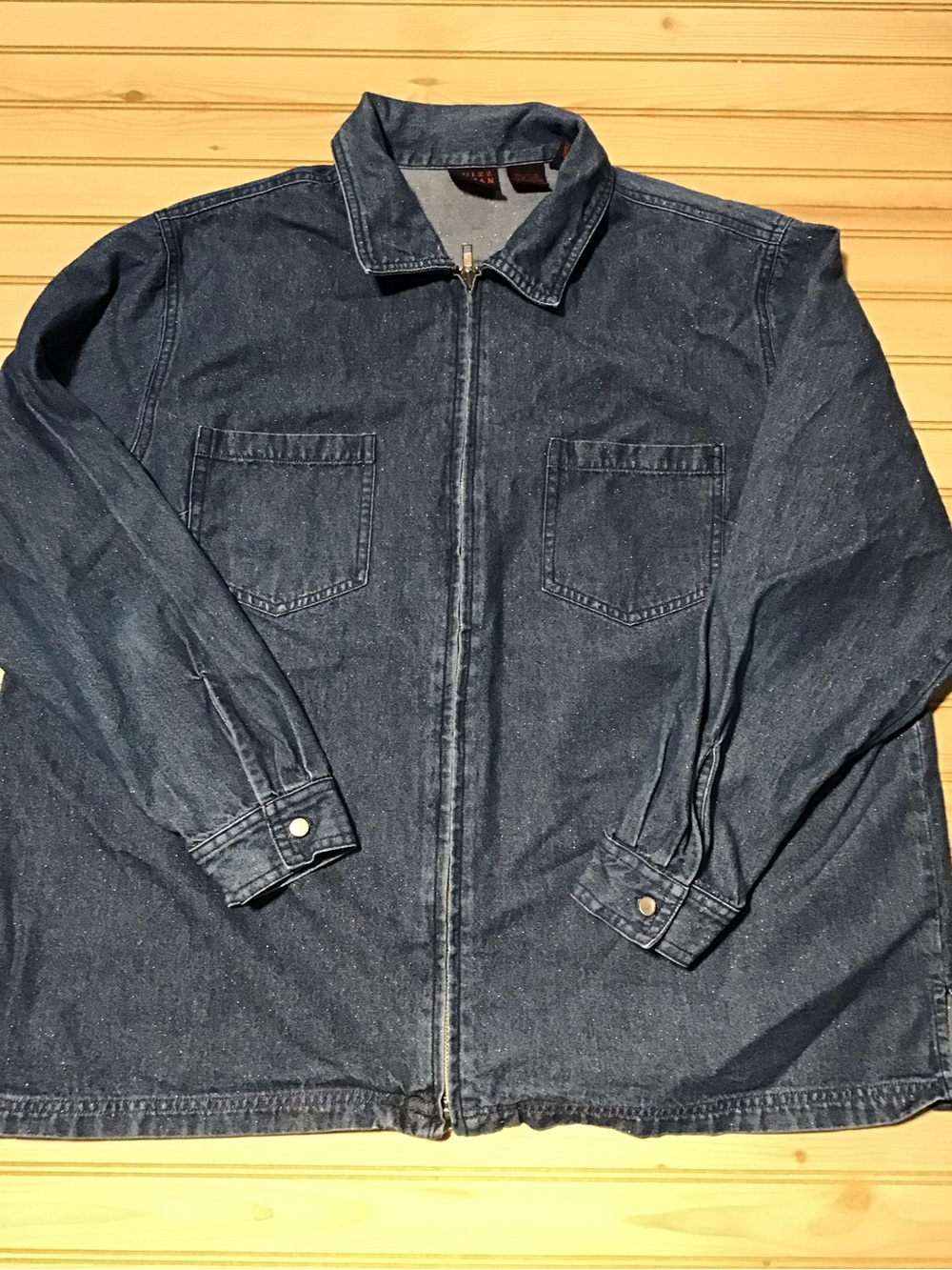 Vintage Sparkly Silver Metallic Dark Denim Cotton Zip-Front Jean Jacket Blazer